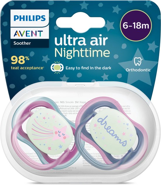 Philips Avent Ultra Air Nighttime Glow In The Dark Pacifier 6 To 18 Months 2 Pacifiers Purple Dark Blue Star Dreams Scf376 14