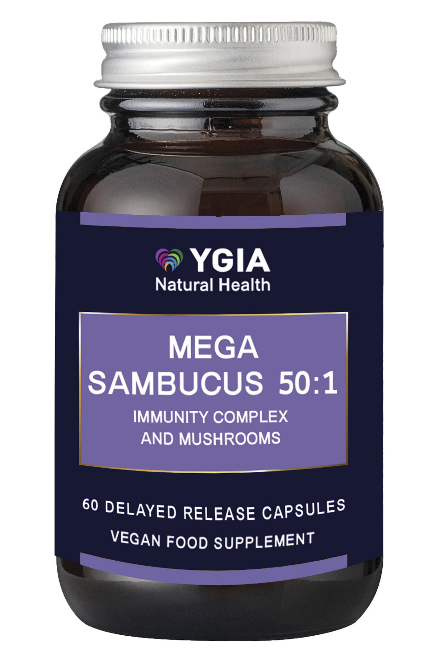 MEGA SAMBUCUS 50:1 -IMMUNITY COMPLEX & MUSHROOMS- 60 Delayed Release Vcaps- Amber Glass Bottles- ♦ 100% Natural ♦ Non-GMO ♦ Allergens Free ♦ No Additives