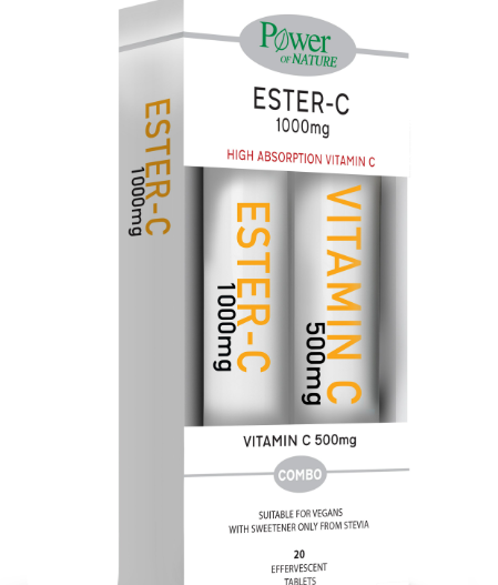 POWER HEALTH Ester C 1000mg Stevia + Vitamin C 500mg Peach 20 Efferv. Tablets