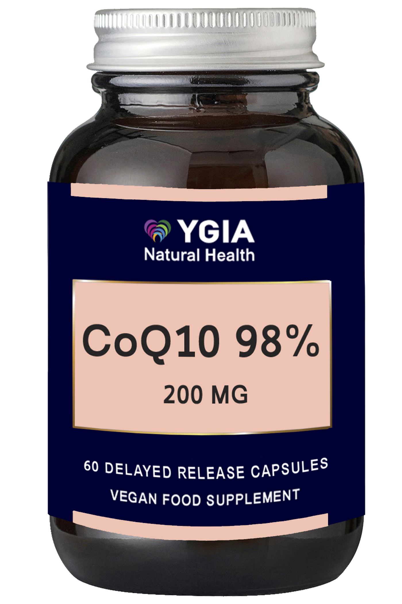 Q10 98%- 200 mg  ♦ 60 Enteric Veg Caps X 500mg  ♦ Amber Glass Bottles ♦ 100% Natural ♦ Non-GMO ♦ Gluten & Dairy Free ♦ No Additives