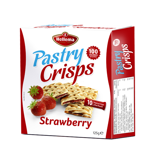 HELLEMA PASTRY CRISPS STRAWBERRY, 10 PASTRY CRISPS, 2 PER POUCH 125GR