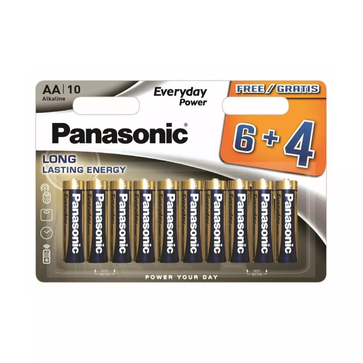 PANASONIC Type AA Alkaline Batteries, pack of 10 (6+4 FREE)