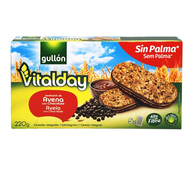 Gullon Vitalday Sandwich Oat Biscuits With Chocolate Chips 5 X 44G - Chocolate Filling