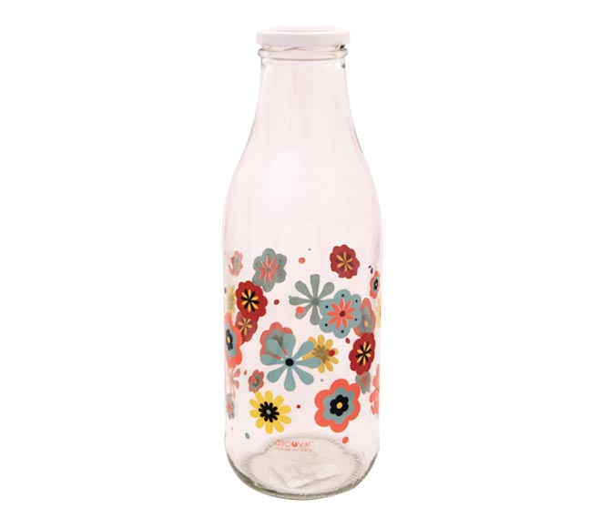 Glass Water Bottle 1L Flowers