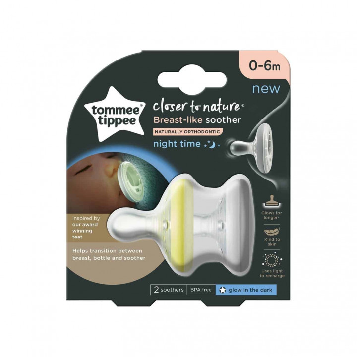 Tommee Tippee Breast Like Baby Soothers Night Time 06M (2 Soothers)