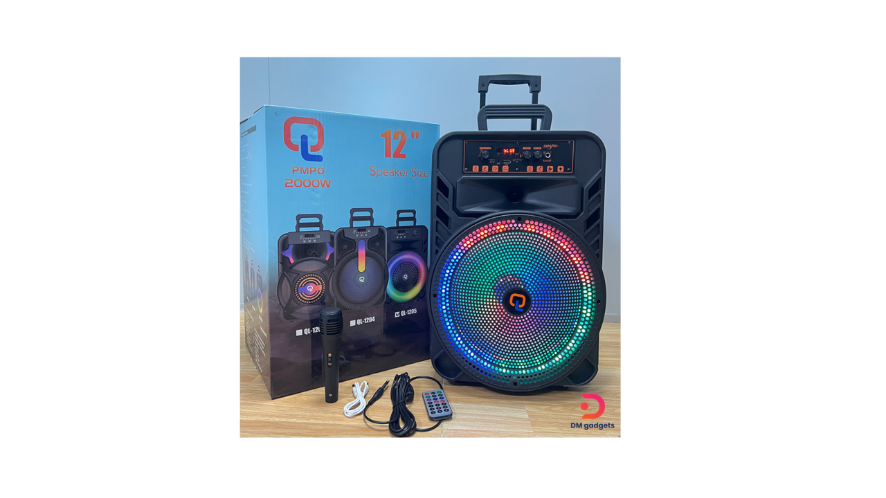 604N#QL®1204 Dual 12″2000W Powerful Trolley Bluetooth Speaker with Mic – Black