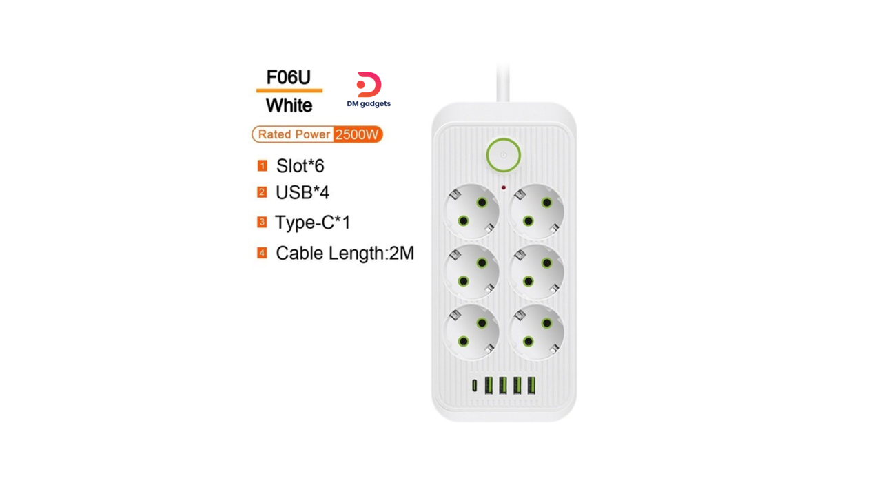 340AC#F06U Power strip 2500W (extension cord) Power – Socket F06U 6 sockets 4USB + Type-C 2 meters-White