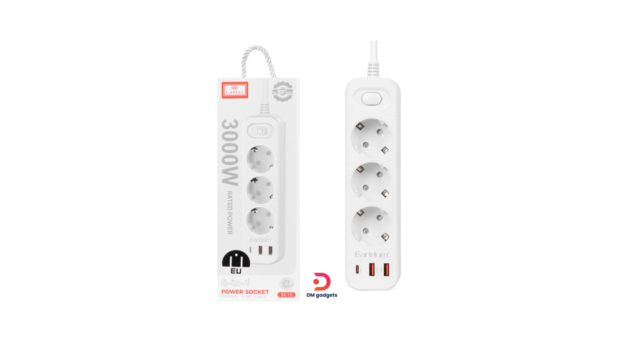 340AD#Earldom®3000W EU PLUG EU USB Type-C Charging Plug Socket Outlet Extension Cable – White