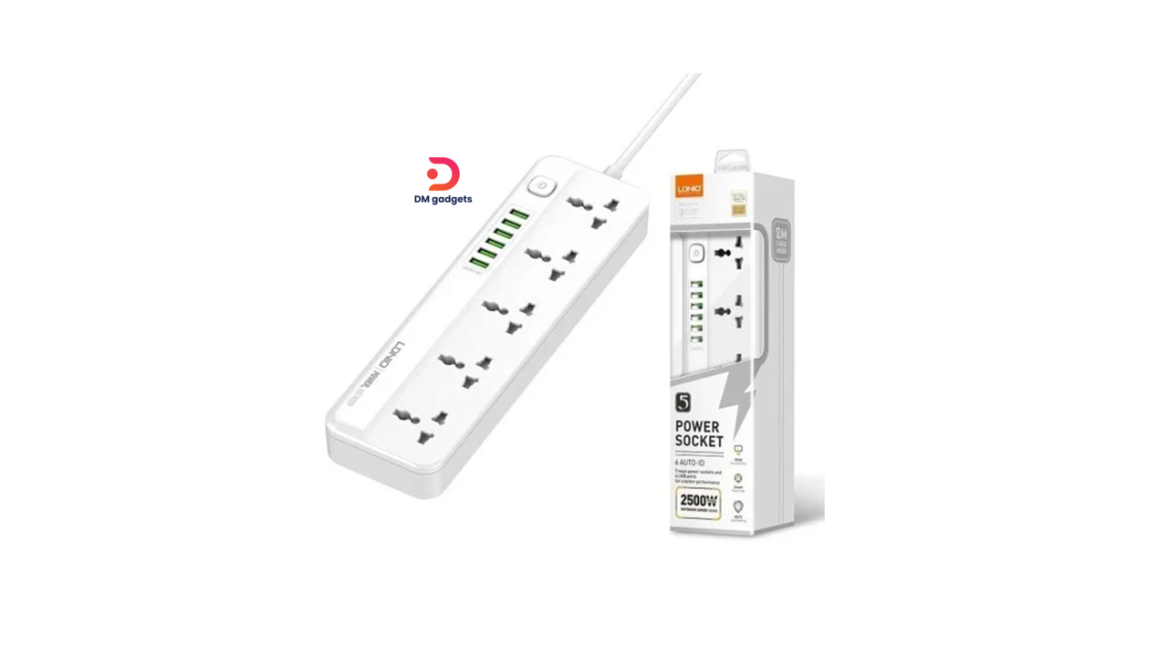 #340AE#LDNIO® SC5614 2500W Power Socket with 5 Sockets/6 USB ports -2m Extension Cord – White