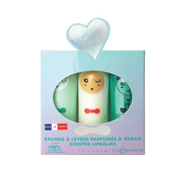 Inuwet Set of 3 Lip Balms Silver Heart - Green White and Turquoise