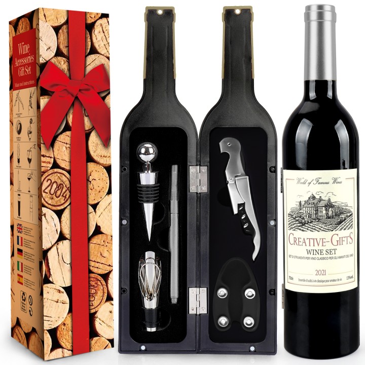 Σετ Αξεσουάρ Κρασιού Wine Gift Set 5 Τεμ. Σε Θήκη Με Σχήμα Μπουκάλι Κρασί, Για Τους Λάτρεις Του Κρασιού - Silver