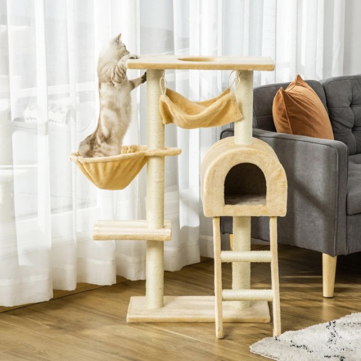 Pawhut Cat Tree Tower Kitten Activity Center Scratching Post W/Hammock Condo Bed Basket D30-064V01