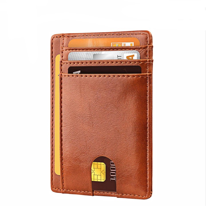 Slim Minimalist Leather Wallets Purse Rfid Card Holder Credit Card Wallet For Men Women - Brown