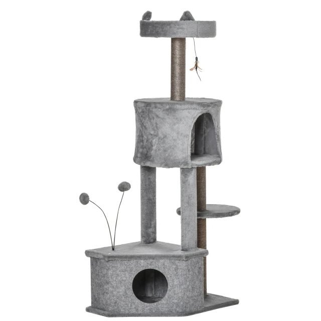 PawHut Scratching Post Tree για γάτες με ρείθρα, στύλους σιζάλ κάλυμμα βελούδινου και τσόχα Γκρι 60 x 40 x 133 cm PawHut D30-480