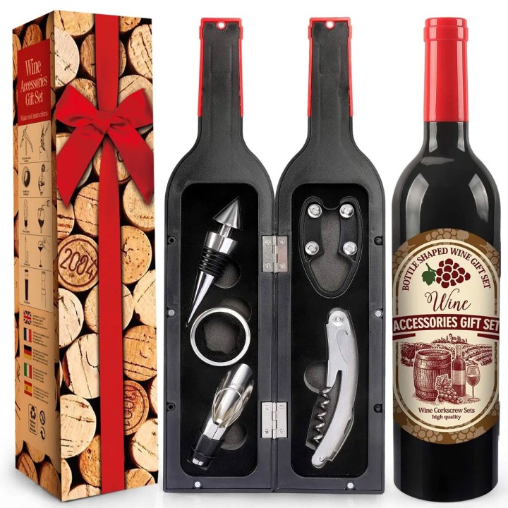 Σετ Αξεσουάρ Κρασιού Wine Gift Set 5 Τεμ. Σε Θήκη Με Σχήμα Μπουκάλι Κρασί, Για Τους Λάτρεις Του Κρασιού