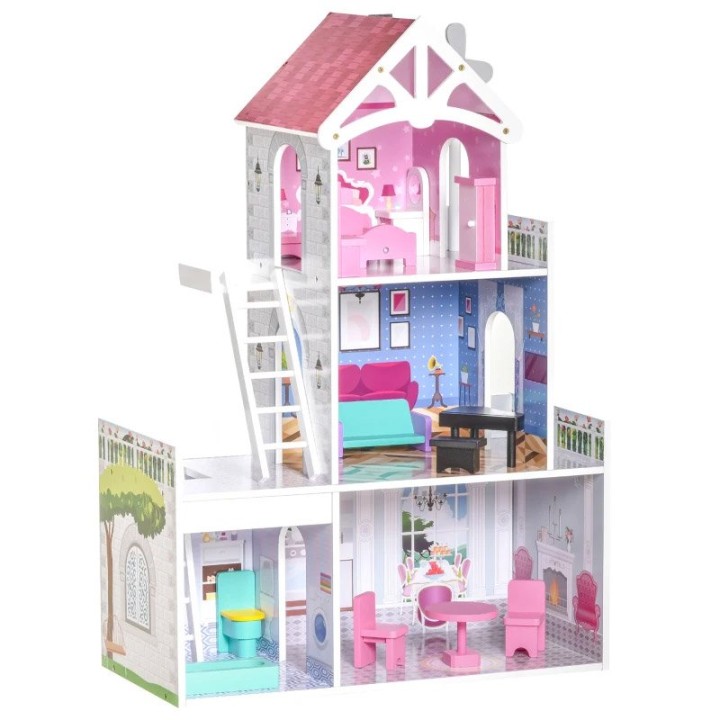 HOMCOM 350-108 Kids Wooden Dolls house with Furniture Accessories 3 Storey Dollhouse for Toddler Girls 3-6 Years Pink