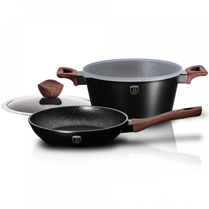 Σετ Αντικολλητική Κατσαρόλα Και Τηγάνι Με Γυάλινο Καπάκι Και Πλαστικό Κάλυμμα 4 Τμχ Ebony Rosewood Collection Berlinger Haus Bh-6782