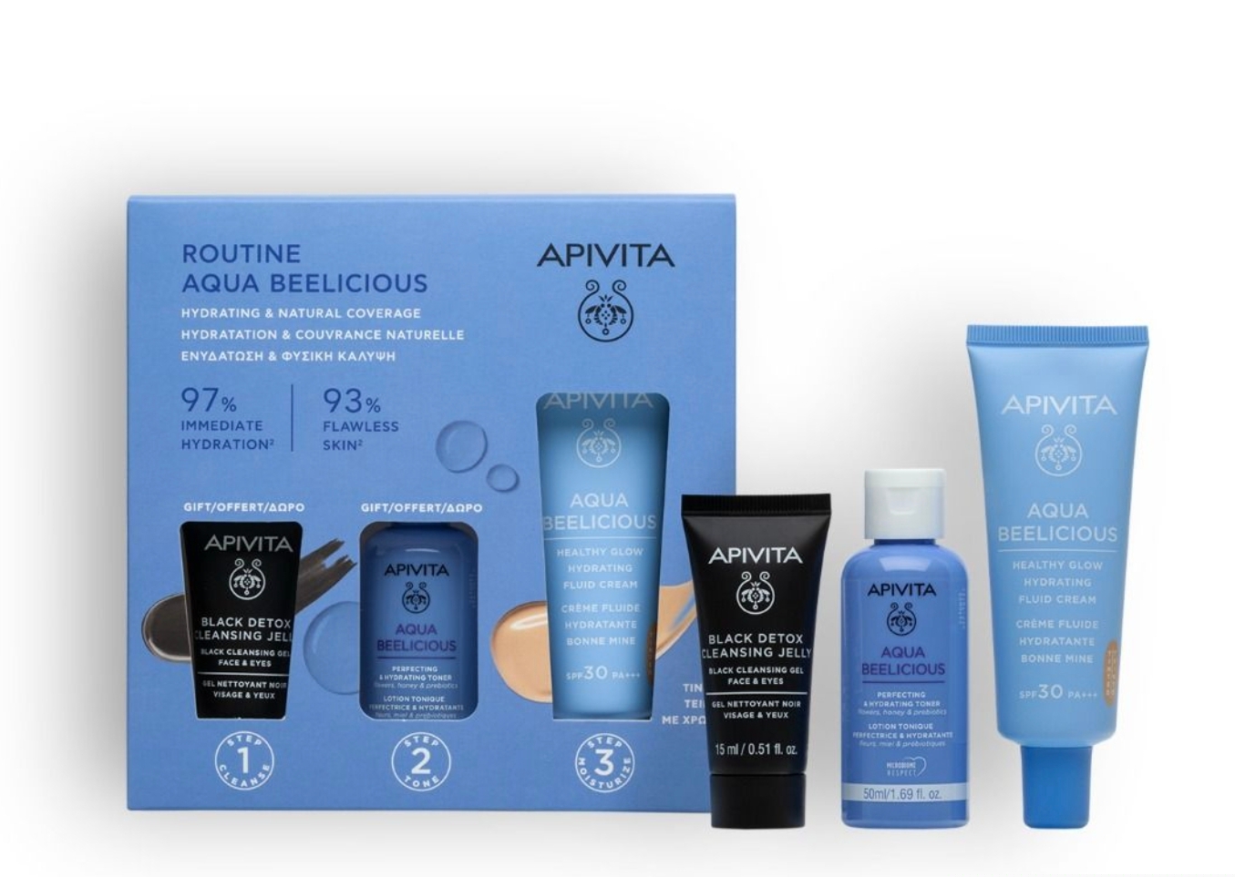 APIVITA QUA BEELICIOUS Λεπτόρρευστη Κρέμα Ενυδάτωσης για Φυσική Λάμψη + ΔΩΡΟ Μαύρο Gel Καθαρισμού σε ειδικό μέγεθος +ΔΩΡΟ AQUA BEELICIOUS Λοσιόν Ενυδάτωσης Κατά των Ατελειών σε ειδικό μέγεθος