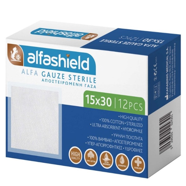Alfashield Sterile Gauze Pads 15x30cm, 12 Pieces