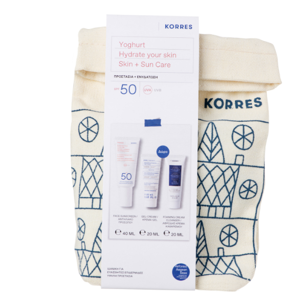 Korres Woman Skin Pack Yogurt Hydrate Your Skin With Sunscreen Facial Cream Care Spf50, 40Ml, Hydrating Cream Care Gel With Probiotics, 20Ml & Facial Cleansing Cream Care, 20Ml, 1Set