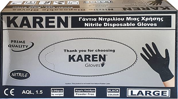 Karen Nitrile Disposable Black Gloves Large 100Pcs