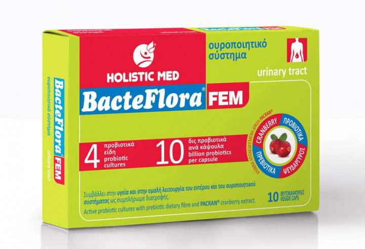 Holistic Med Bacteflora Fem Probiotics, Prebiotic, Cranberry Pacran For Health & Smooth Function Of Intestinal & Urinary System 10 Capsules