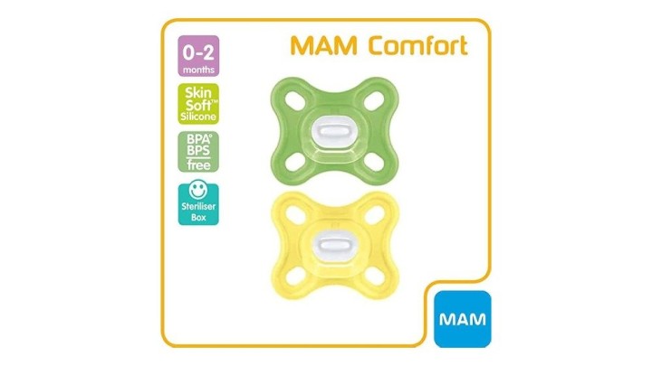 Mam Comfort Silicone Soother 0-2M, Color Green & Yellow (Pack Of 2)