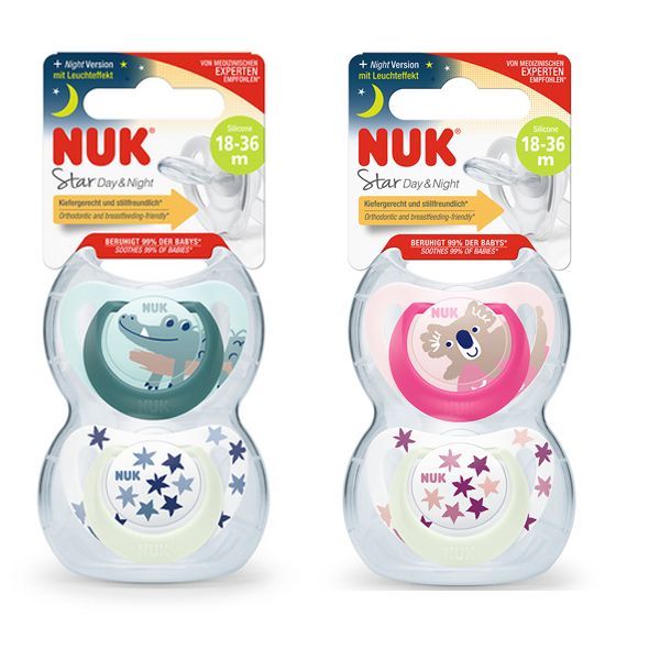 Nuk Star Day & Night Soother 8-36M  Assorted Colors & Designs  2Pcs