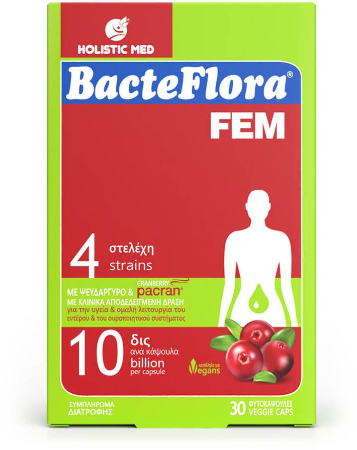 Holistic Med Bacteflora Fem Probiotics, Prebiotic, Cranberry Pacran For Health & Smooth Function Of Intestinal & Urinary System 30 Capsules