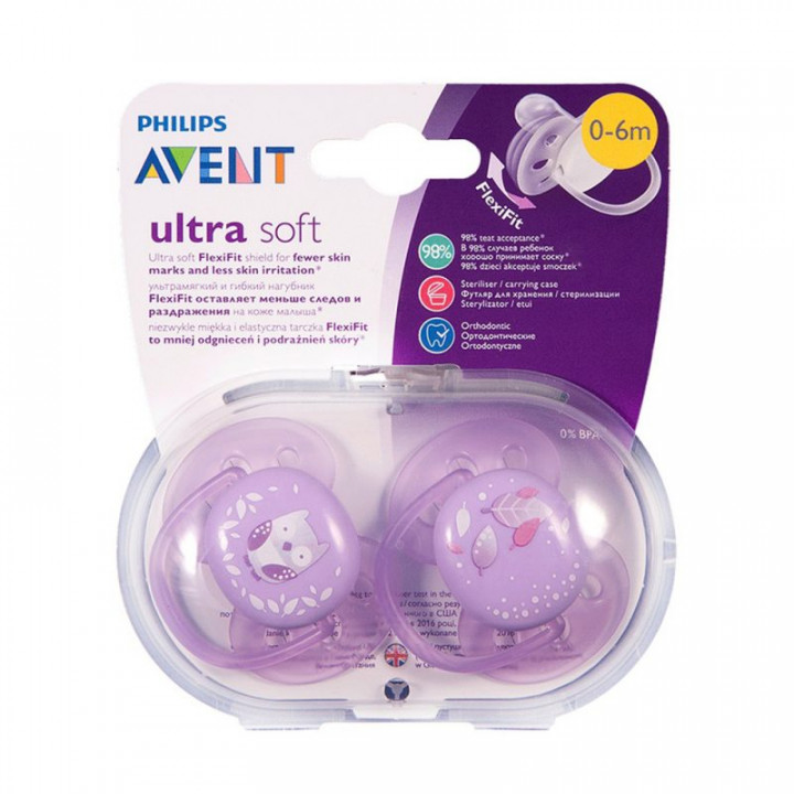 Philips Avent Ultra Soft Silicone Pacifier 0-6M Purple x2
