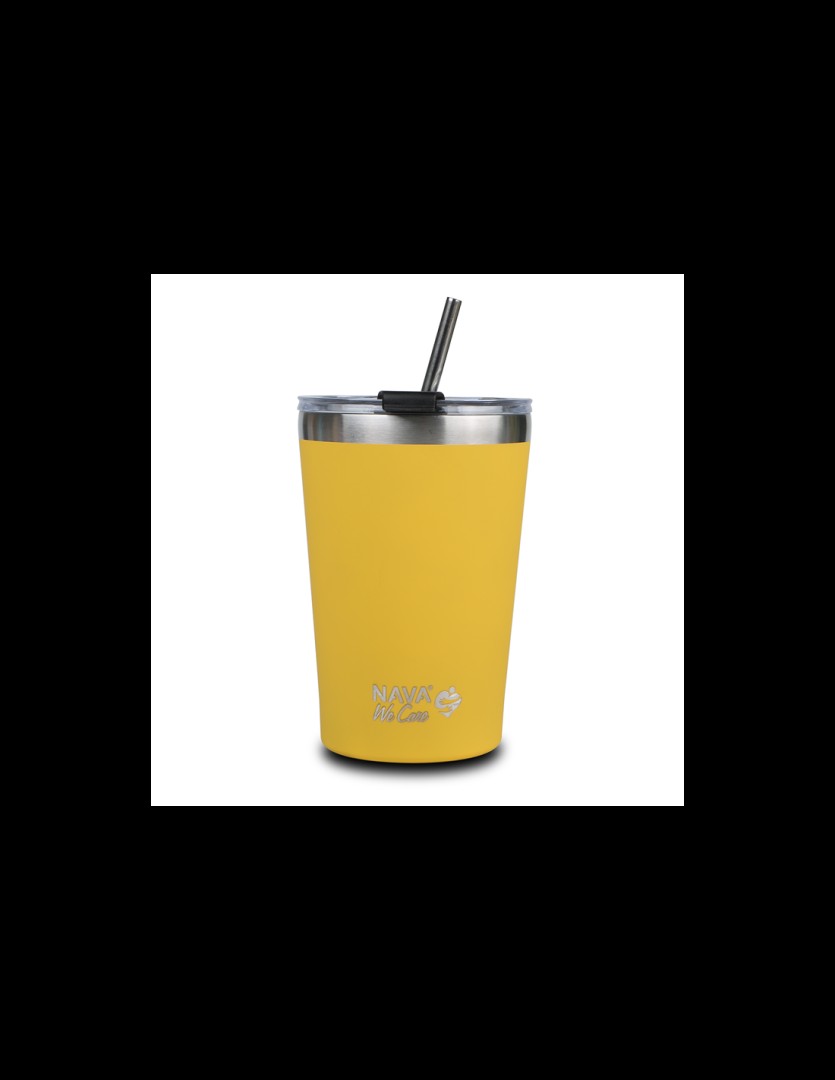 NAVA "We Care" Stainless steel insulated travel mug with straw yellow 450ml