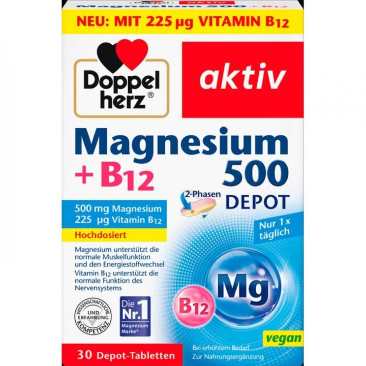 Doppel Herz Aktiv Magnesium 500 + B12, Tablets, 30