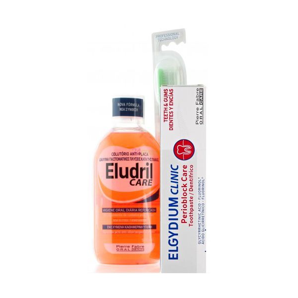 Eludril Care Kit Perio Maintenance Includes Eludril Care Mouthwash 500Ml, Elgydium Clinic Perioblock Care Toothpaste 75Ml & Elgydium Clinic Perio Toothbrush