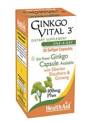 Health Aid Ginkgo Vital 3 Combination Of Ginkgo Biloba & Siberian Eleuthero- Ginseng 100Mg Plus 30 Soft Capsules