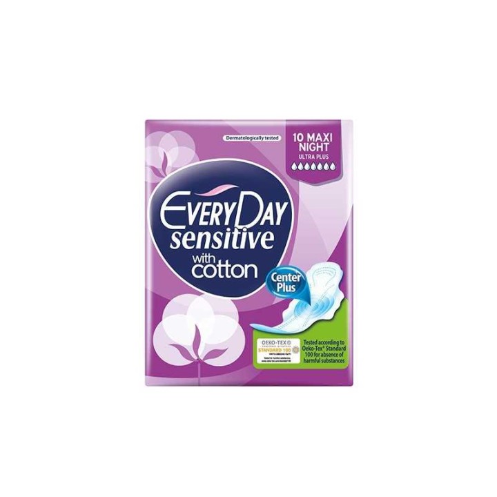 Everyday Sanitary Pads Sensitive With Cotton Maxi Night Ultra Plus, 10Pcs