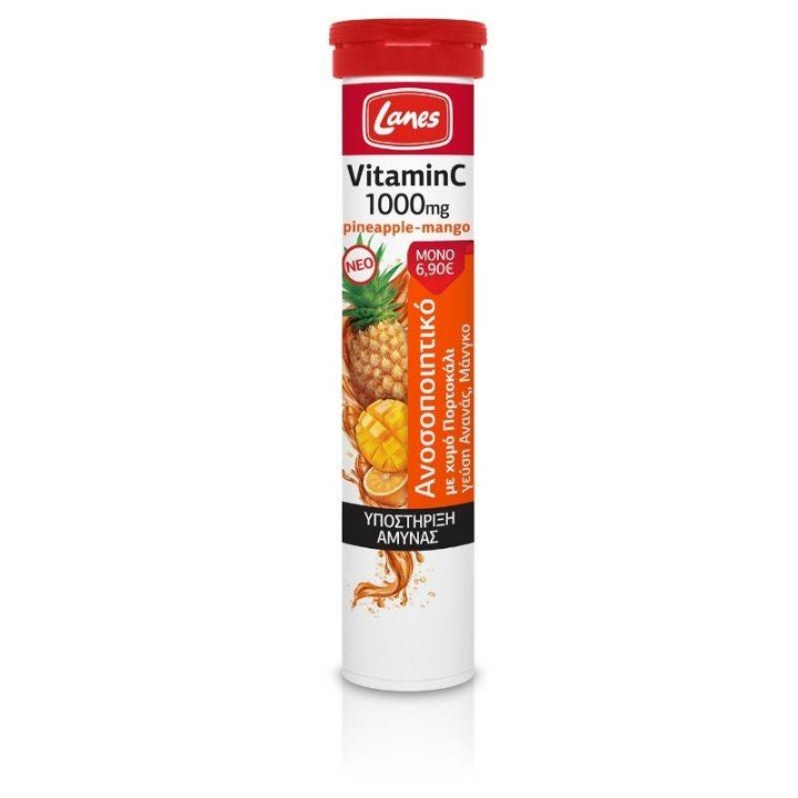 Lanes Vitamin C 1000Mg+ Orange Juice Strenghtens Immune System& Prevents Cold& Flu. With Pineapple& Mango Flavor 20 Effervescent Tablets