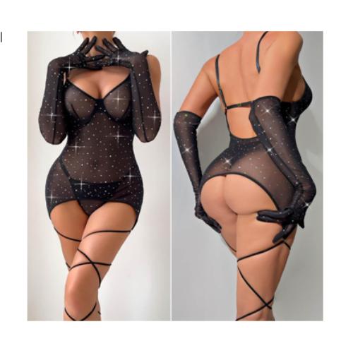 See-through Solid Rhinestone Glove Ties Three-Piece Set S