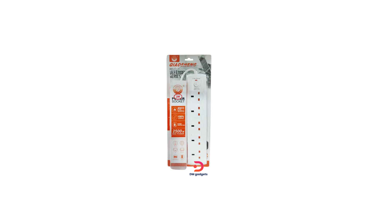 340A5#QiaoSheng® Safety Anti-Static Power Strip with 5 Sockets and Switch, 2m, 2500W-White