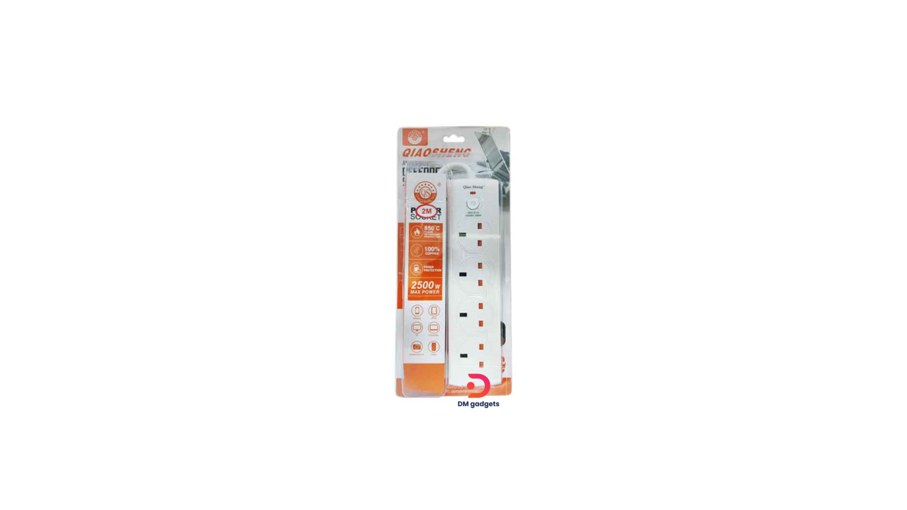 340A6#QiaoSheng® Safety Anti-Static Power Strip with 4 Sockets and Switch, 2m, 2500W-White
