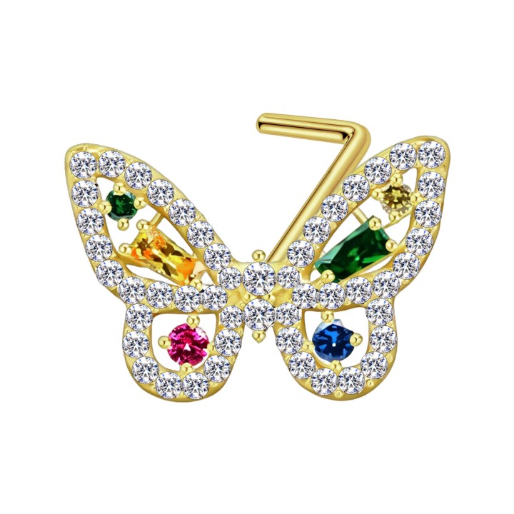 Small Dainity CZ Butterfly Nose Stud with L-Post Hugger Ring Jewelry - Gold