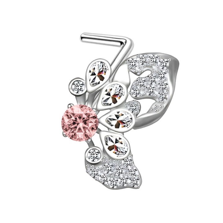 Small Dainity Pink Clear CZ Nose Screw Stud with L-Post Pin Ring Jewelry - Silver