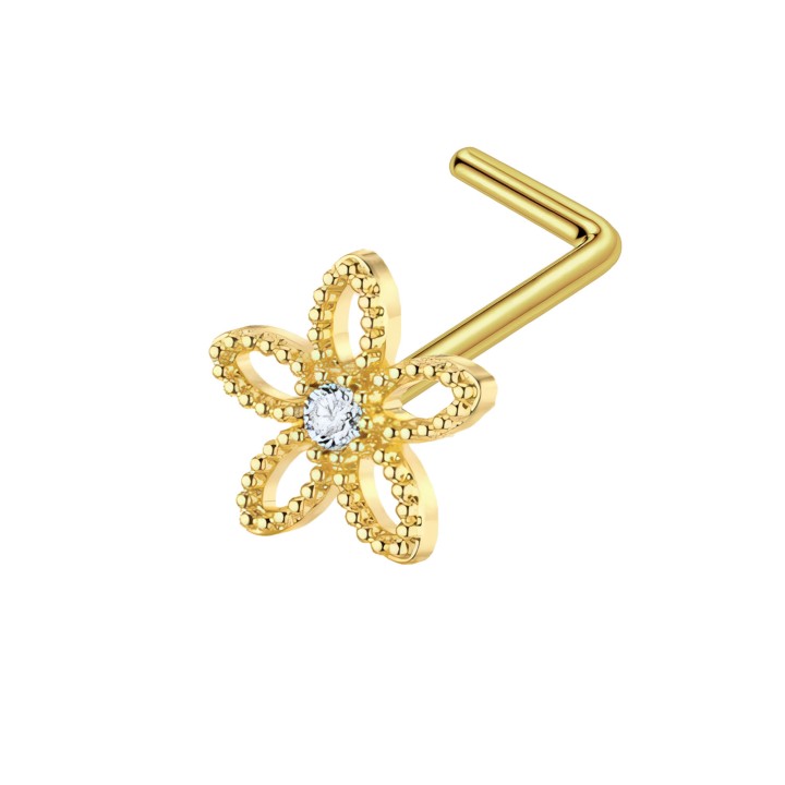 Delicate Tiny L-Post Screw Piercing Hugger with CZ Ring Jewelry - Gold