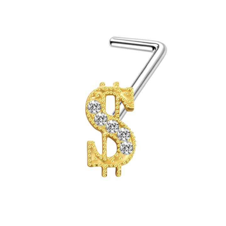 Small Dainity Dollar CZ Nose Pin with L-Post Piercing Ring Jewelry - Gold