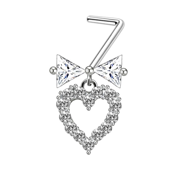 Small Dainity Heart CZ Nostril Ring with L-Post Screw Stud Jewelry - Silver