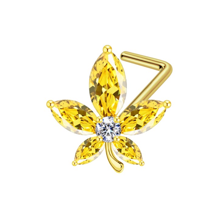 Flower Crystal Nose Pin with Small CZ L-Post Ring Stud Jewelry Dainity 18G - Gold