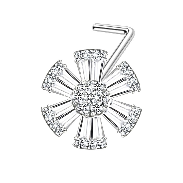 Small Dainity Diamond Nostril Hugger with 18G CZ L-Post Stud Jewelry - Silver