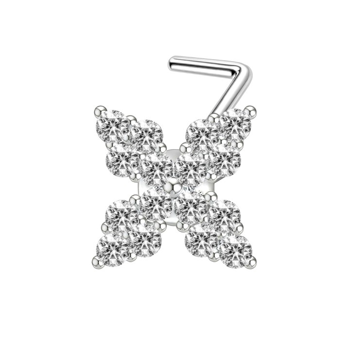 Small Dainity CZ Nostril Stud with L-Shape L-Post Screw Ring Jewelry - Silver