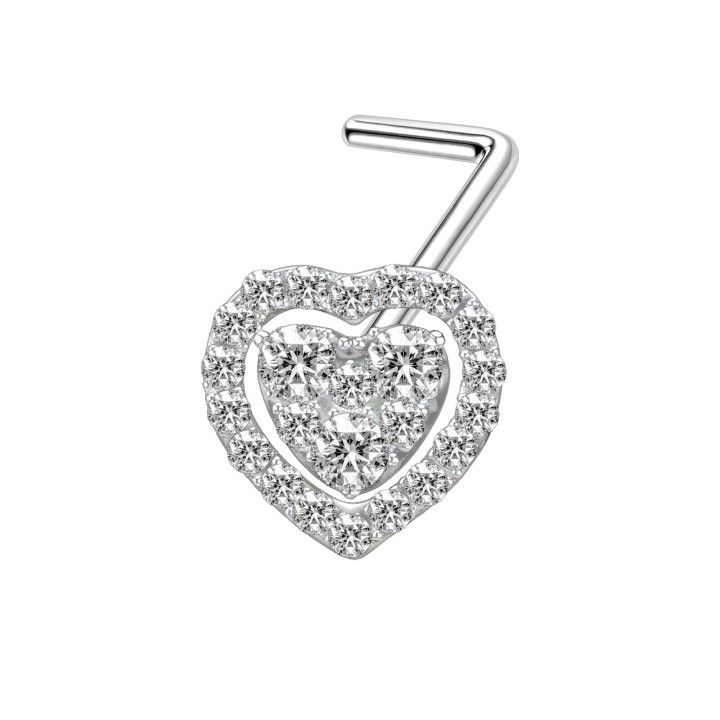 Small Dainity Double Heart Nostril Stud with L-Post Pin Ring Jewelry - Silver