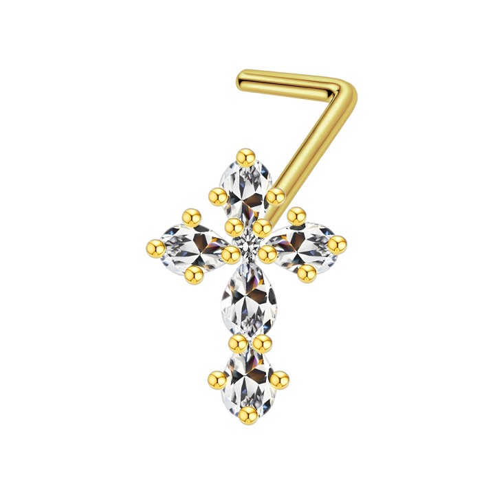 Small Cross Nose Hugger with CZ L-Post Stud Pin Jewelry Dainity 18G - Gold