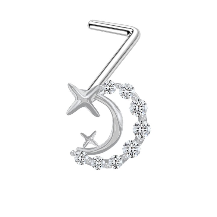 Dainity 18G Nostril Pin with CZ L-Post Hugger and L-Bend Ring Piercing Jewelry - Silver
